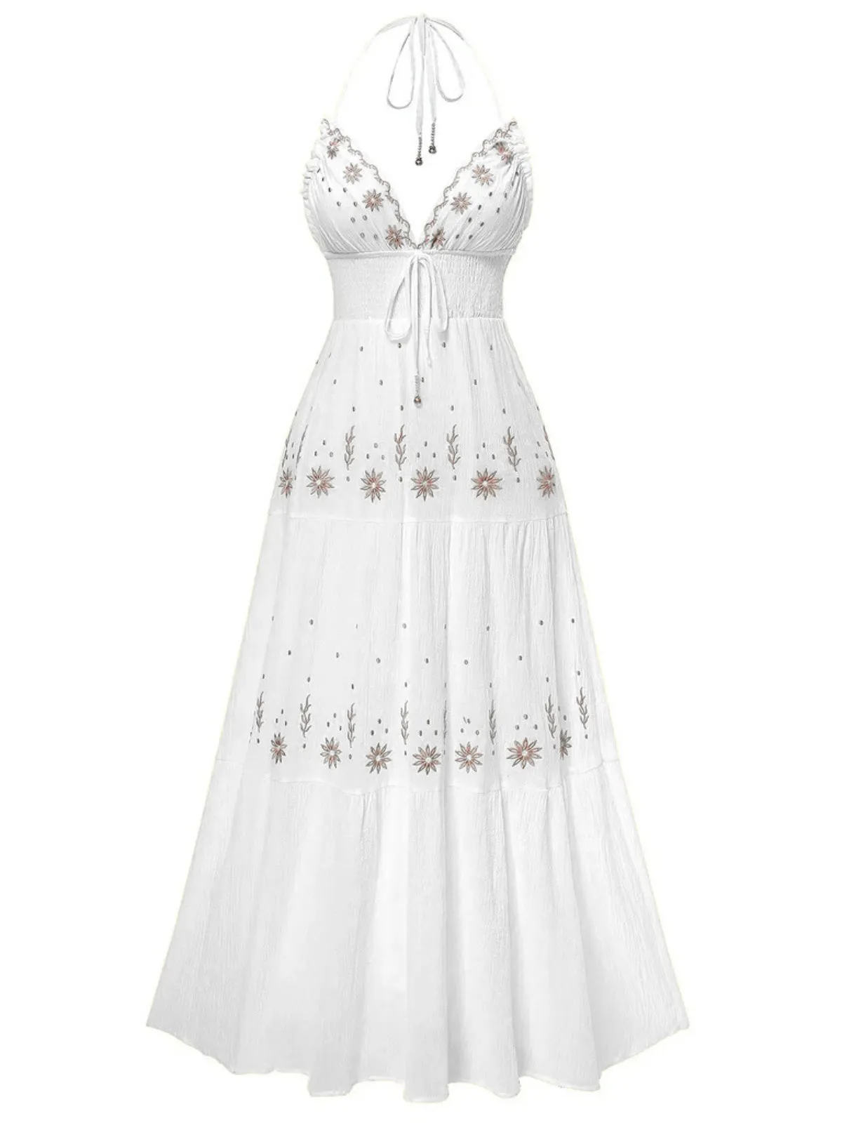 1930s Embroidered Floral Deep V-Neck Textured Dress sold by Retro Stage