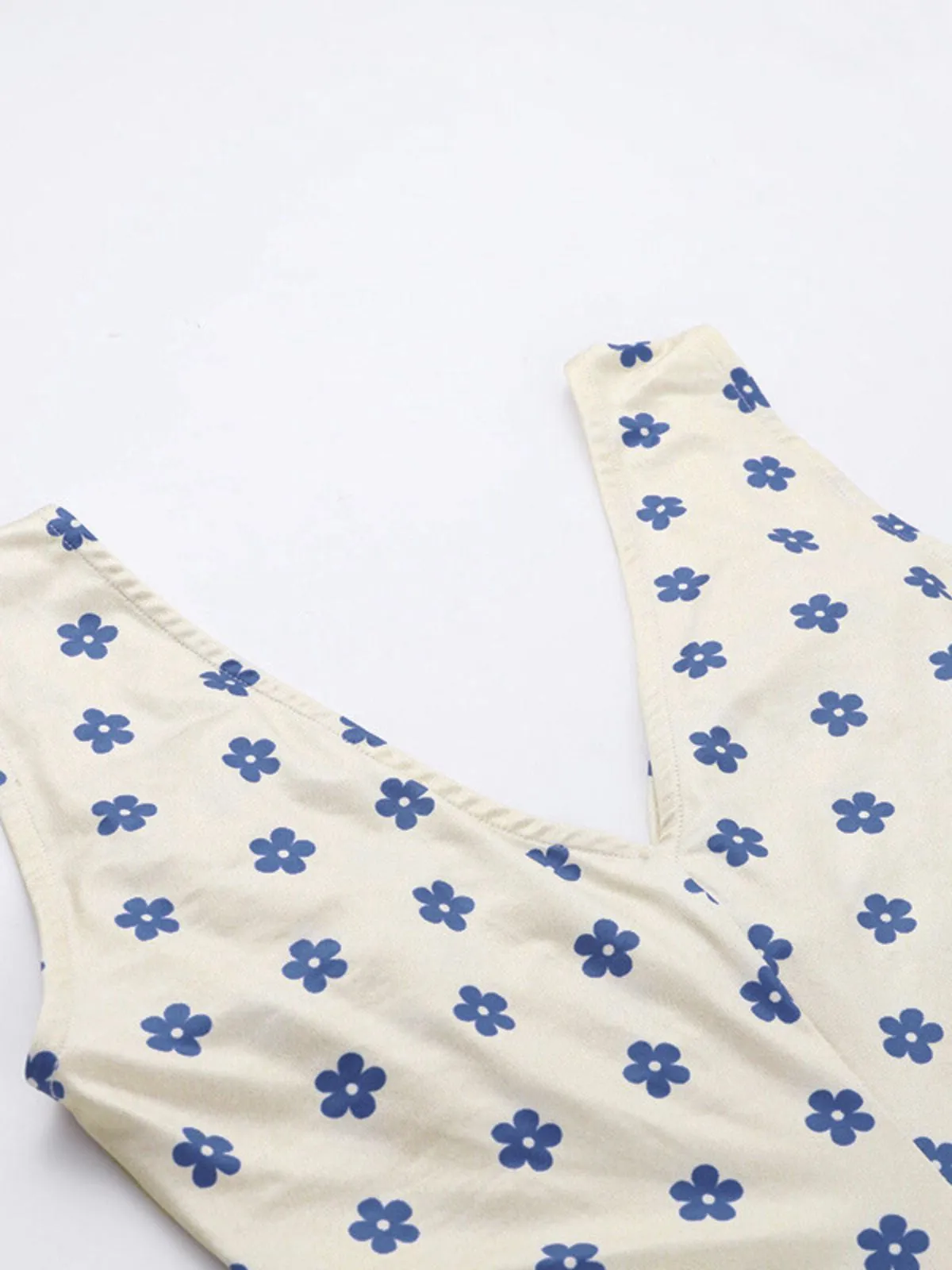 Blue & Apricot 1960s Floral Wide Strap Deep V-Neck Dress sold by Retro Stage product image thumbnail 3