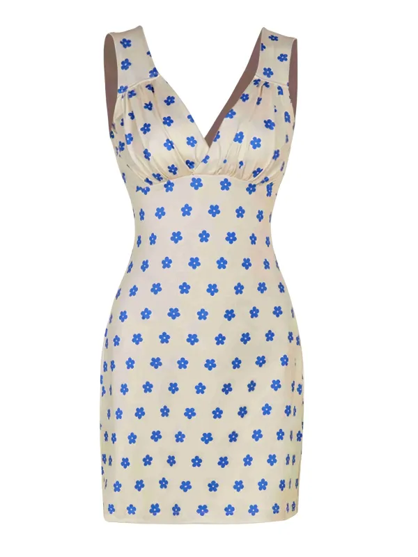 Blue & Apricot 1960s Floral Wide Strap Deep V-Neck Dress sold by Retro Stage