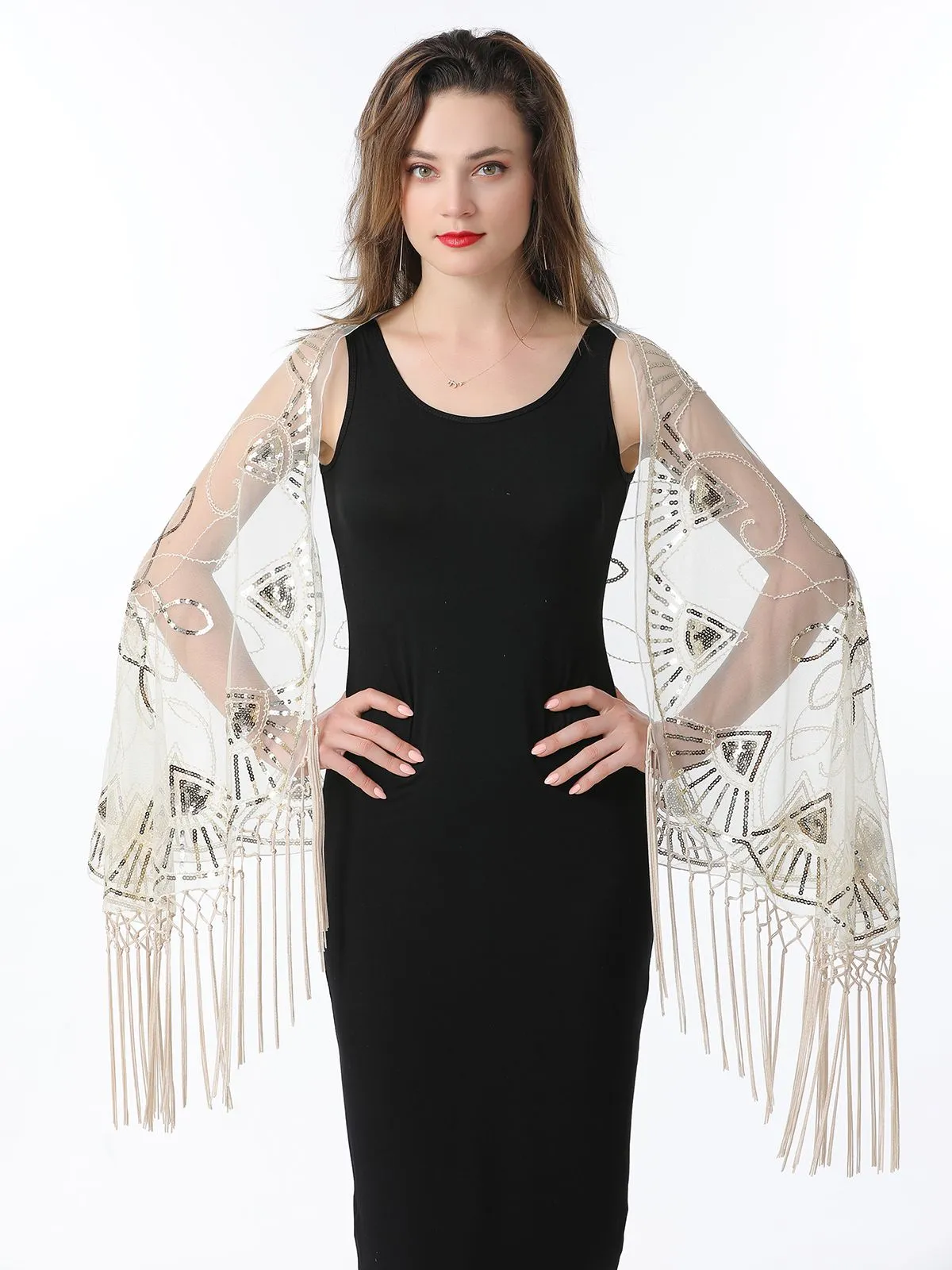 1920s Tassel Sequined Mesh Cape sold by Retro Stage product image thumbnail 4