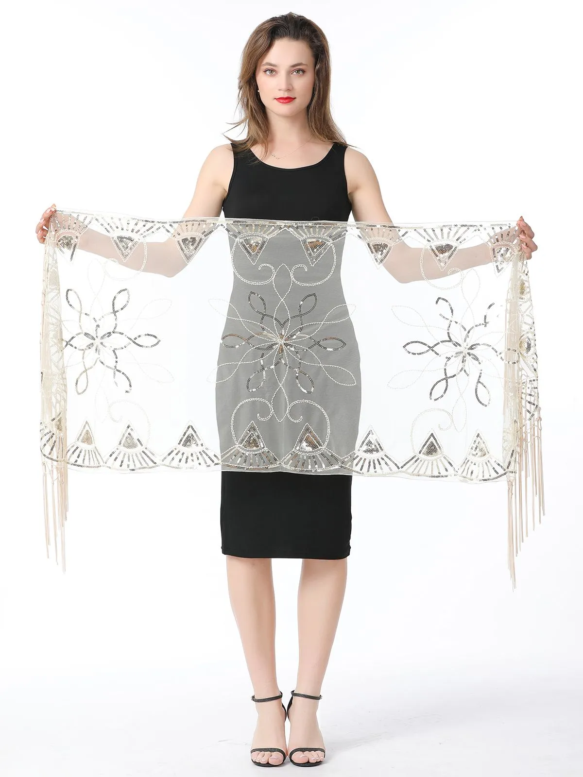 1920s Tassel Sequined Mesh Cape sold by Retro Stage product image thumbnail 2