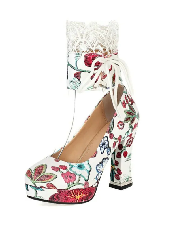 Vintage Lace-Up Embroidered Floral High Heels sold by Retro Stage
