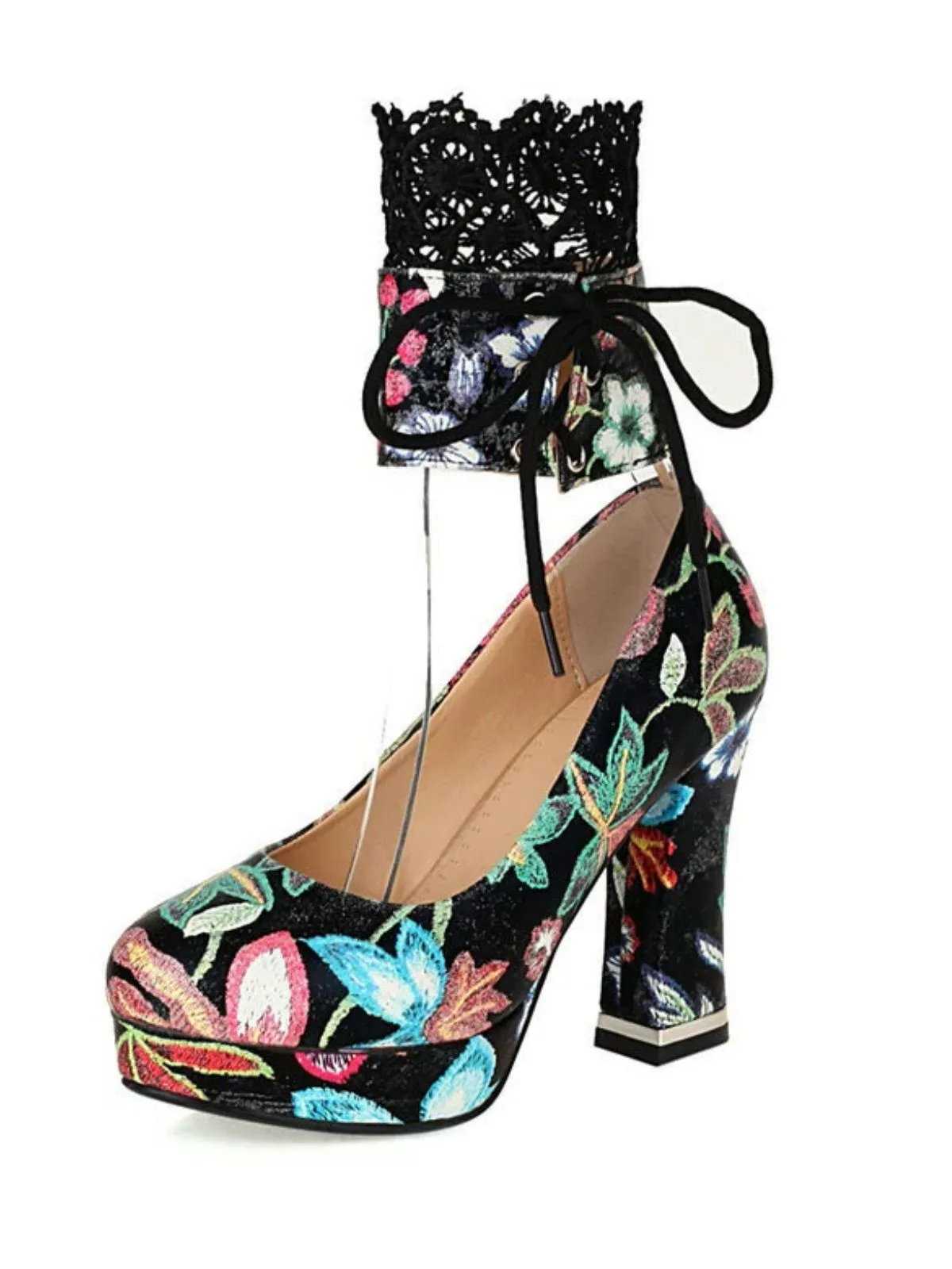 Vintage Lace-Up Embroidered Floral High Heels sold by Retro Stage product image thumbnail 3