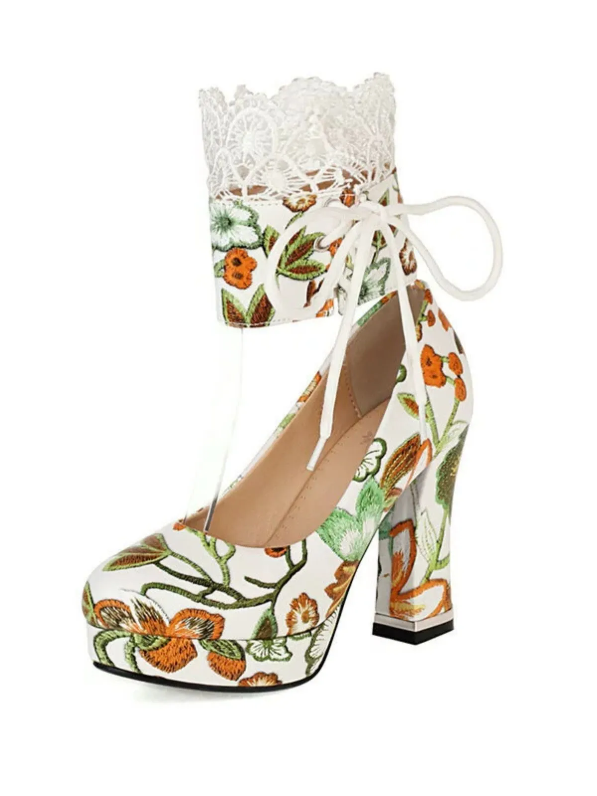 Vintage Lace-Up Embroidered Floral High Heels sold by Retro Stage product image thumbnail 2