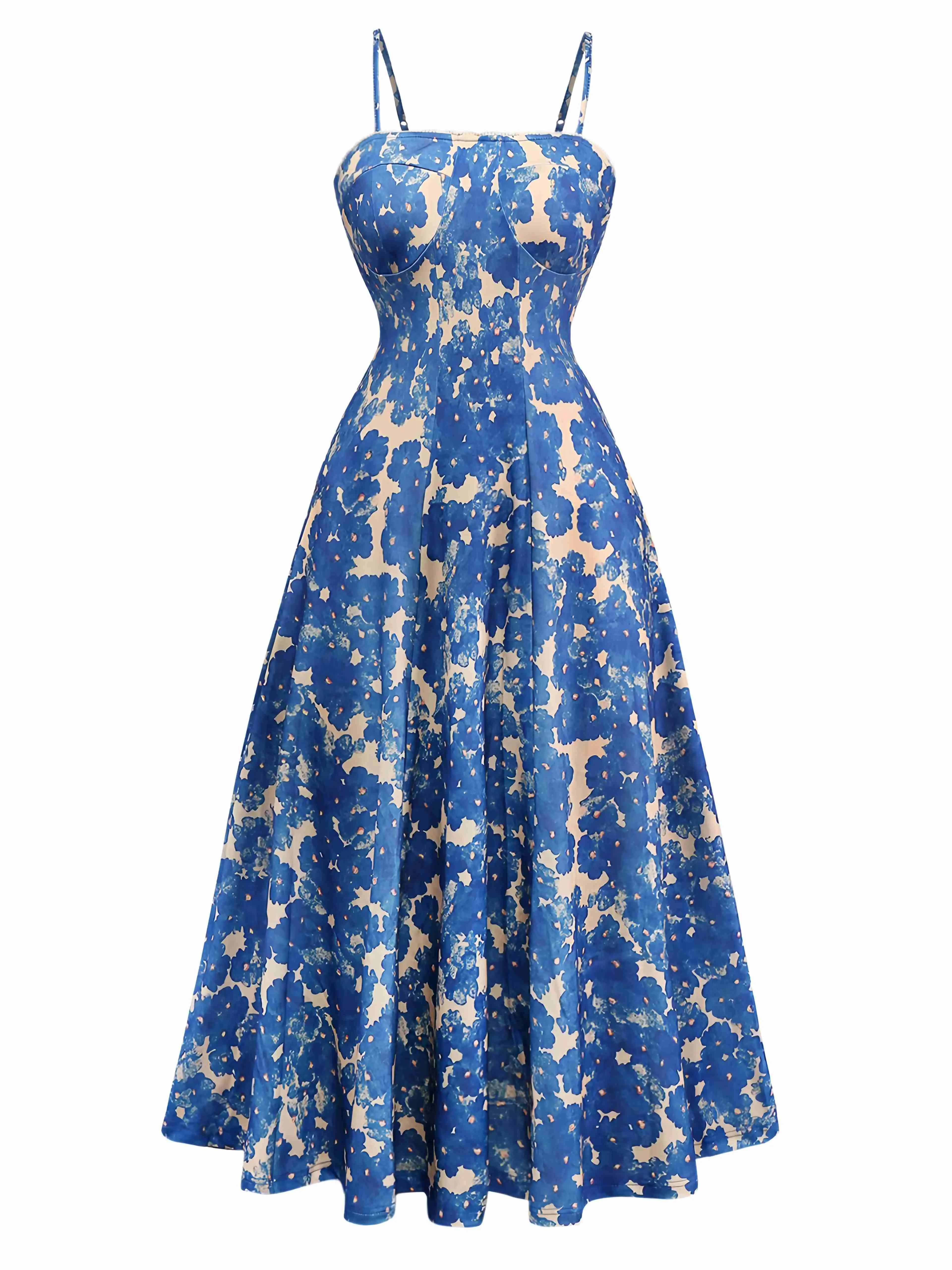 Blue 1940s Painting Floral Straps Dress sold by Retro Stage