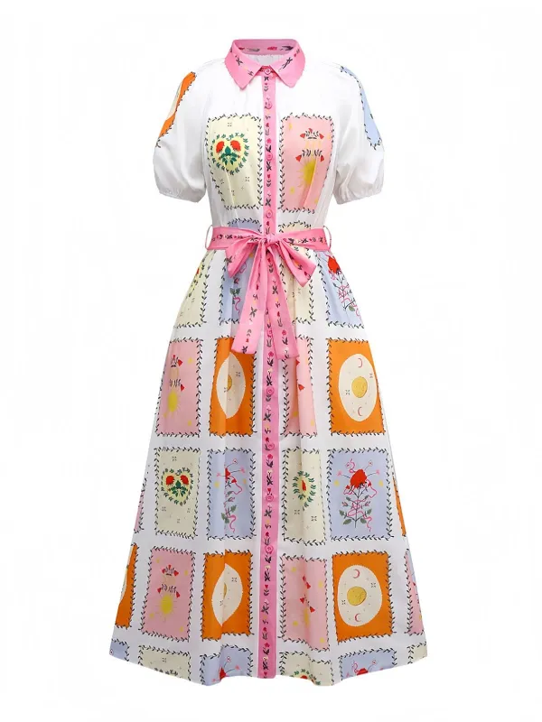 Multicolor 1930s Floral Sun Moon Belted Dress sold by Retro Stage