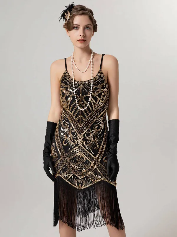 1920s Spaghetti Straps Sequined Tassel Flapper Dress sold by Retro Stage