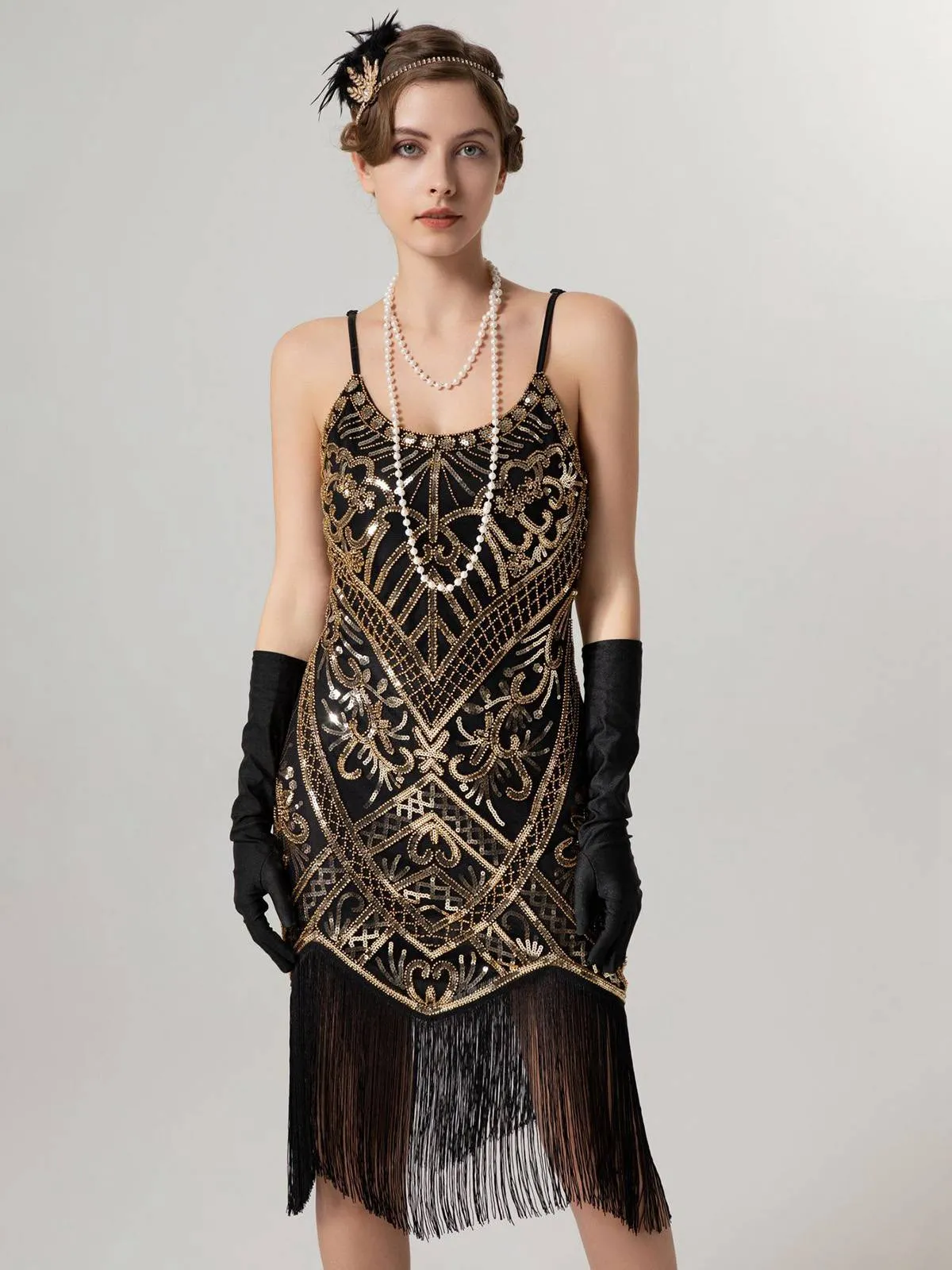 1920s Spaghetti Straps Sequined Tassel Flapper Dress sold by Retro Stage