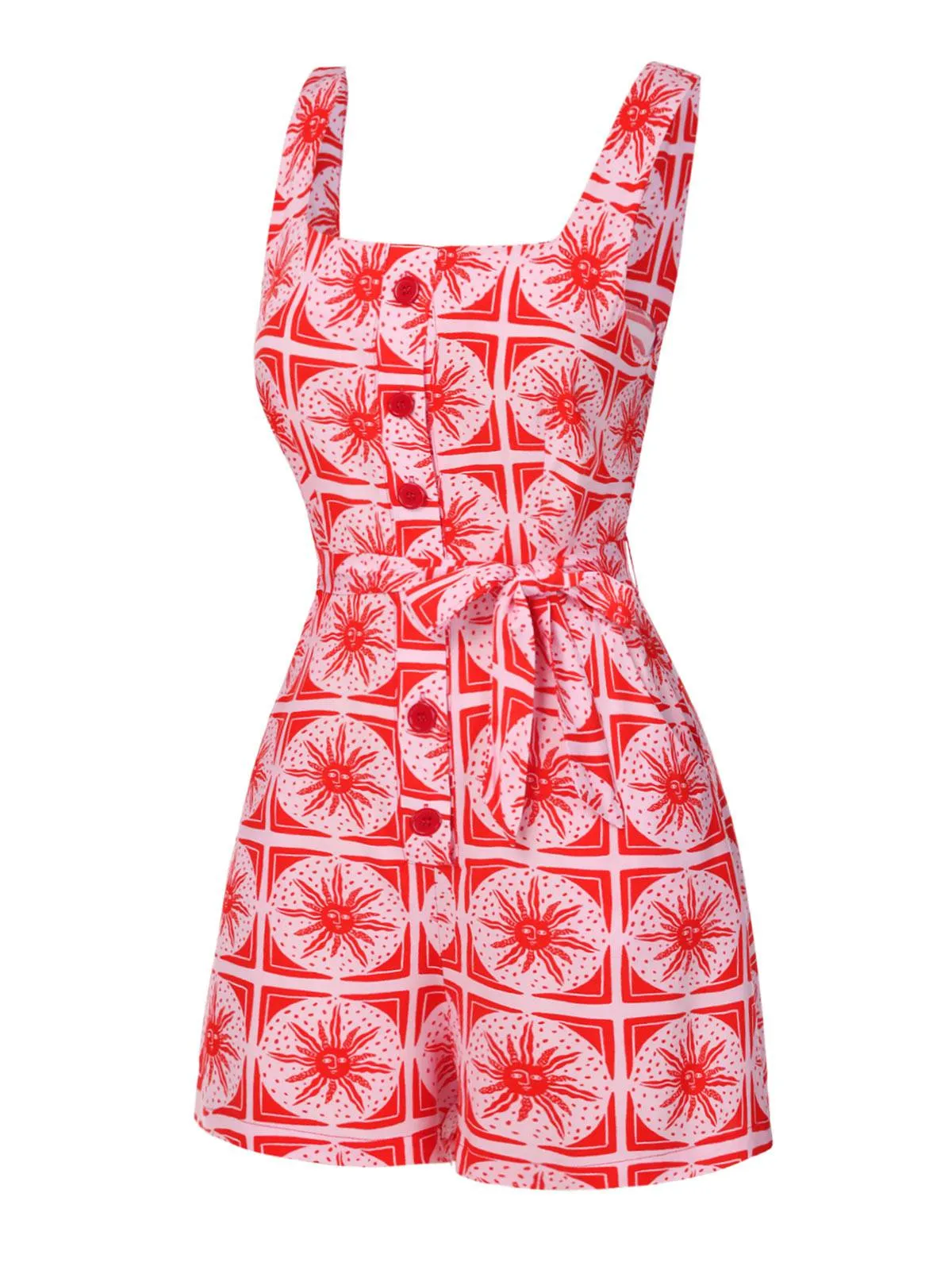 Rose Pink 1970s Boho Sun Print Button Romper sold by Retro Stage product image thumbnail 3