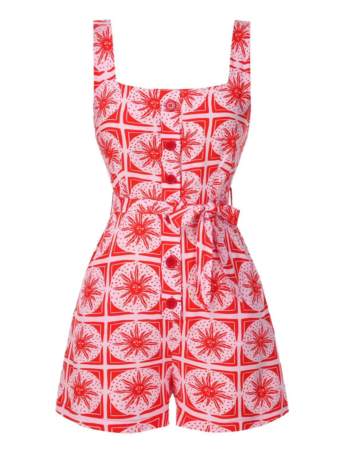 Rose Pink 1970s Boho Sun Print Button Romper sold by Retro Stage product image thumbnail 2