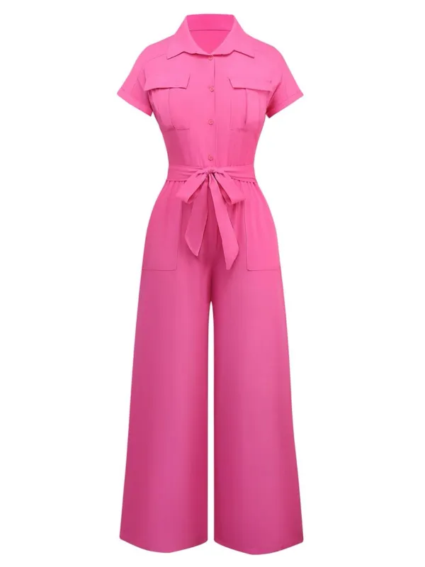 1930s Solid Lapel Button Belted Cargo Jumpsuit sold by Retro Stage