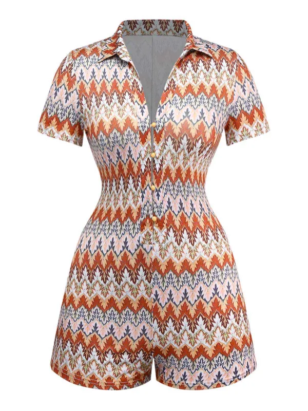 Multicolor 1970s Boho Trees Lapel Romper sold by Retro Stage