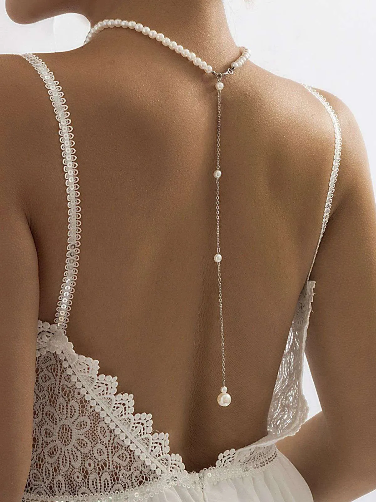White Vintage Pearl Back Drop Chain Necklace sold by Retro Stage product image thumbnail 4