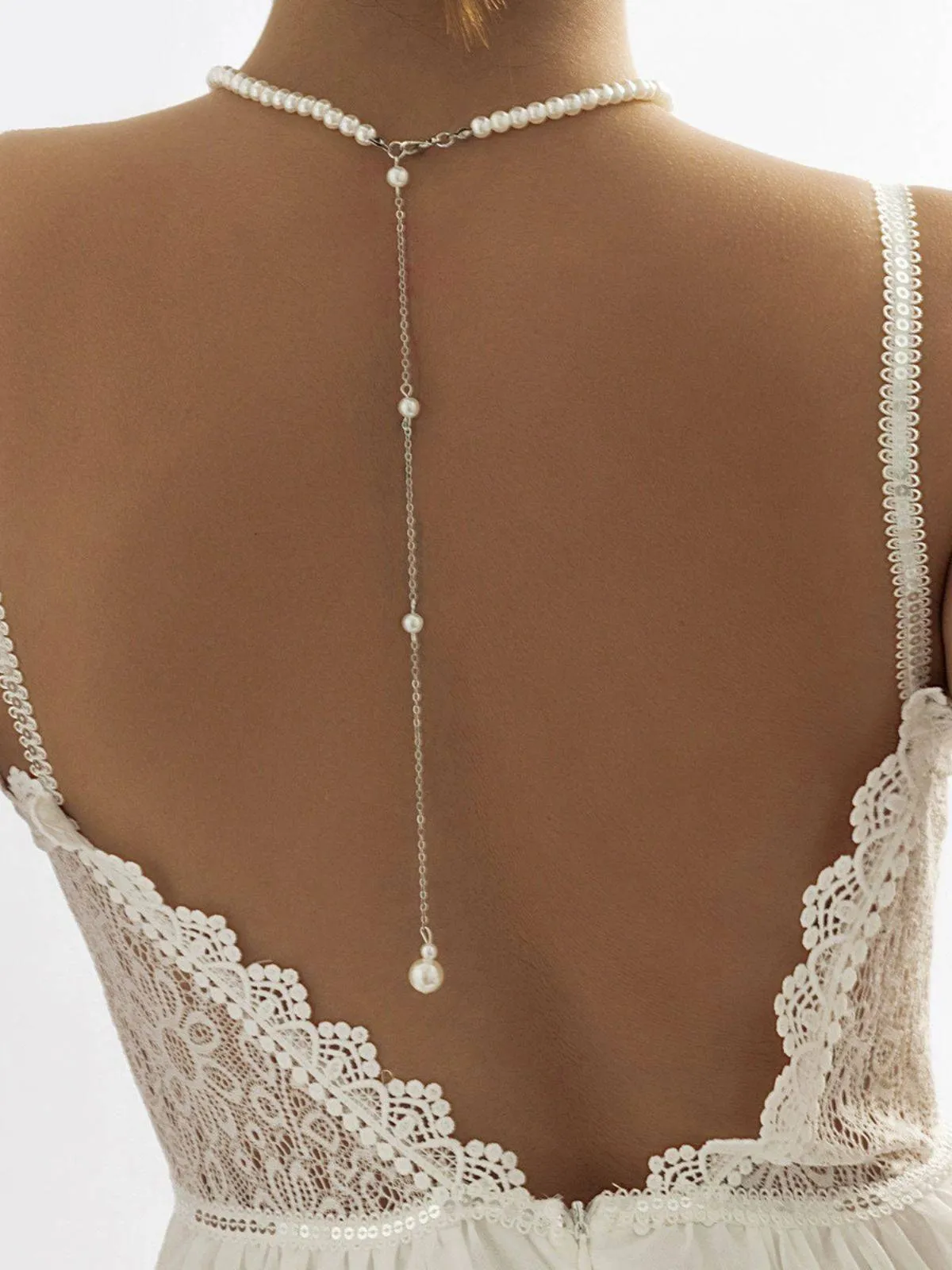 White Vintage Pearl Back Drop Chain Necklace sold by Retro Stage product image thumbnail 3