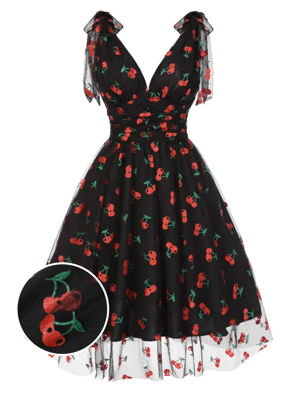 Black 1950s Cherry Mesh Swing Dress sold by Retro Stage