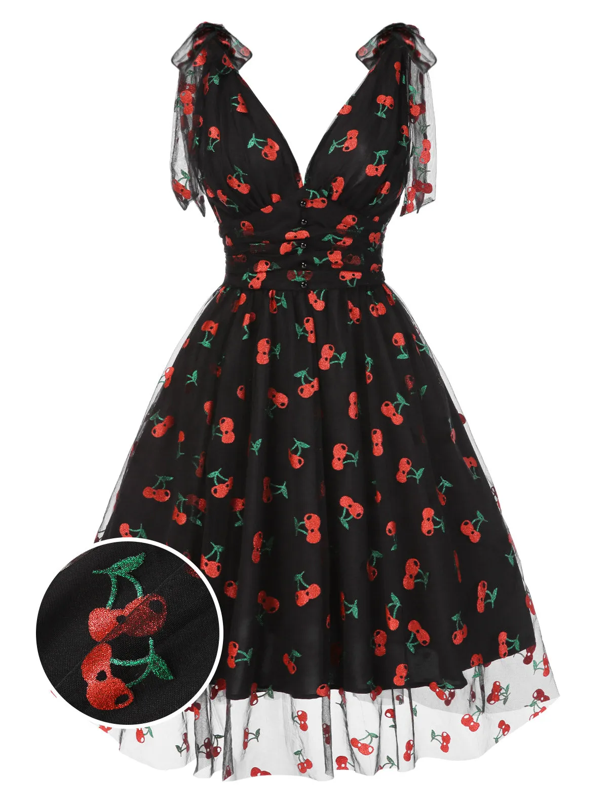 Black 1950s Cherry Mesh Swing Dress sold by Retro Stage