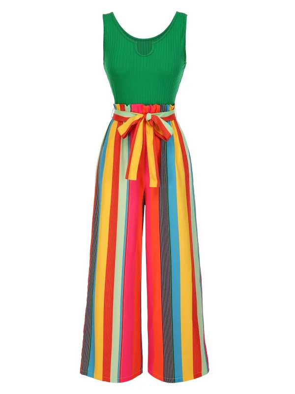 Green 1950s Stripes Knitted Belted Jumpsuit sold by Retro Stage