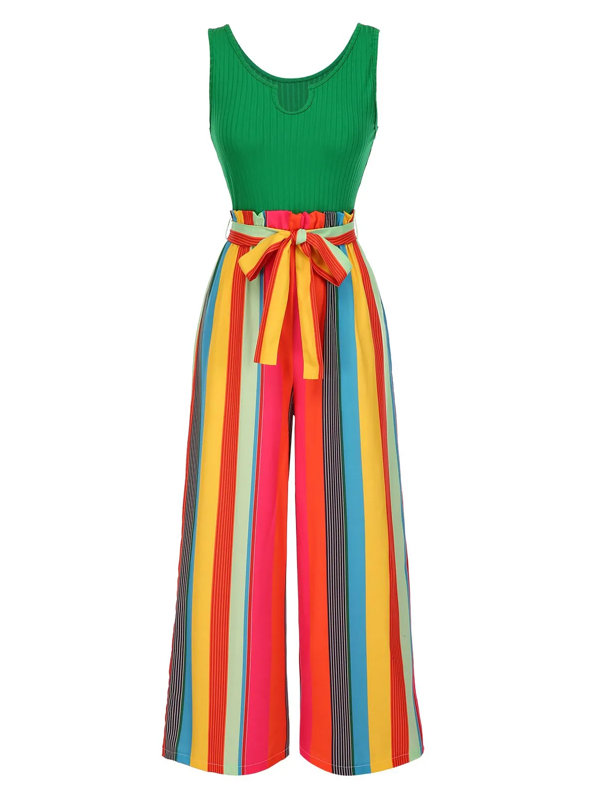 Green 1950s Stripes Knitted Belted Jumpsuit sold by Retro Stage
