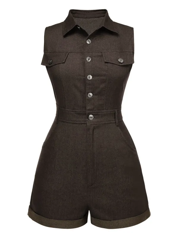 Brown 1970s Solid Sleeveless Denim Romper sold by Retro Stage