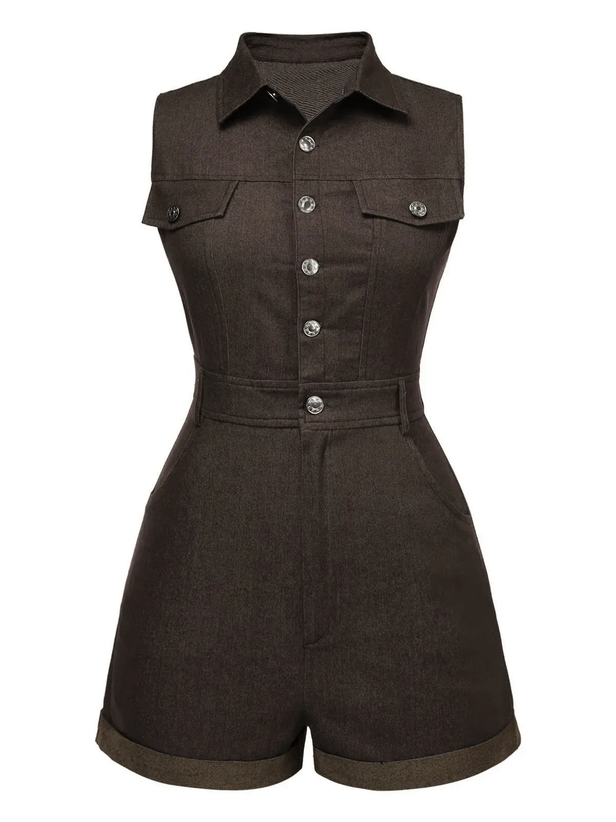 Brown 1970s Solid Sleeveless Denim Romper sold by Retro Stage