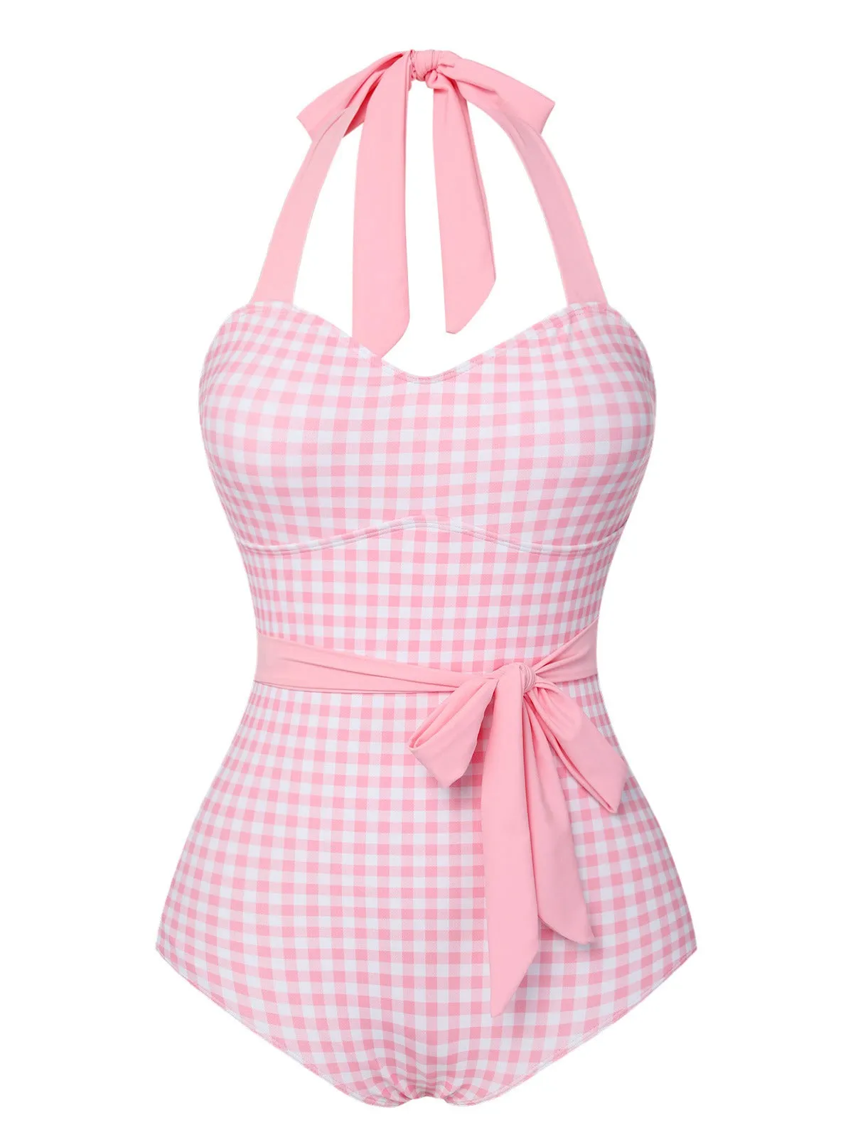 Pink 1940s Plaid Halter One-Piece Swimsuit sold by Retro Stage product image thumbnail 2