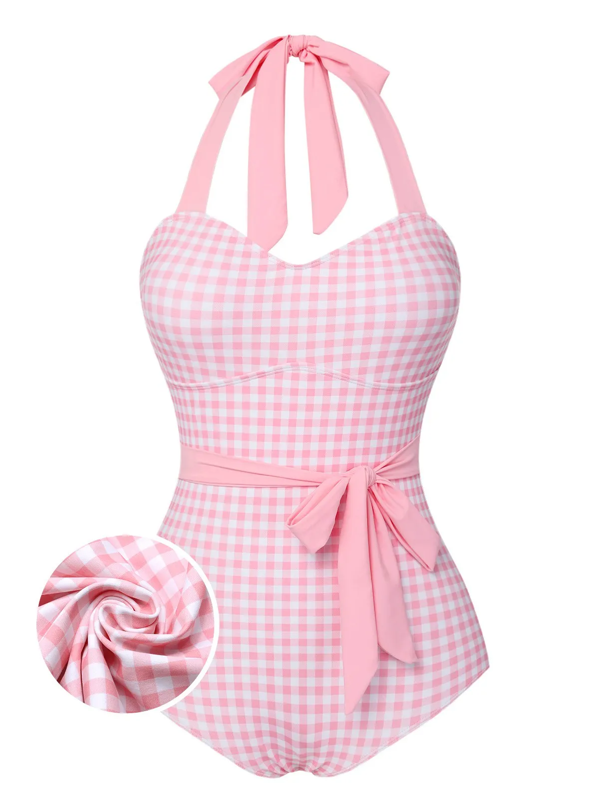 Pink 1940s Plaid Halter One-Piece Swimsuit sold by Retro Stage