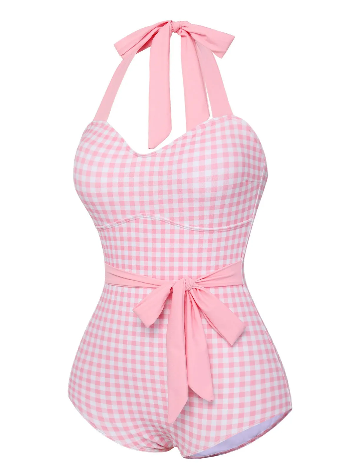 Pink 1940s Plaid Halter One-Piece Swimsuit sold by Retro Stage product image thumbnail 3