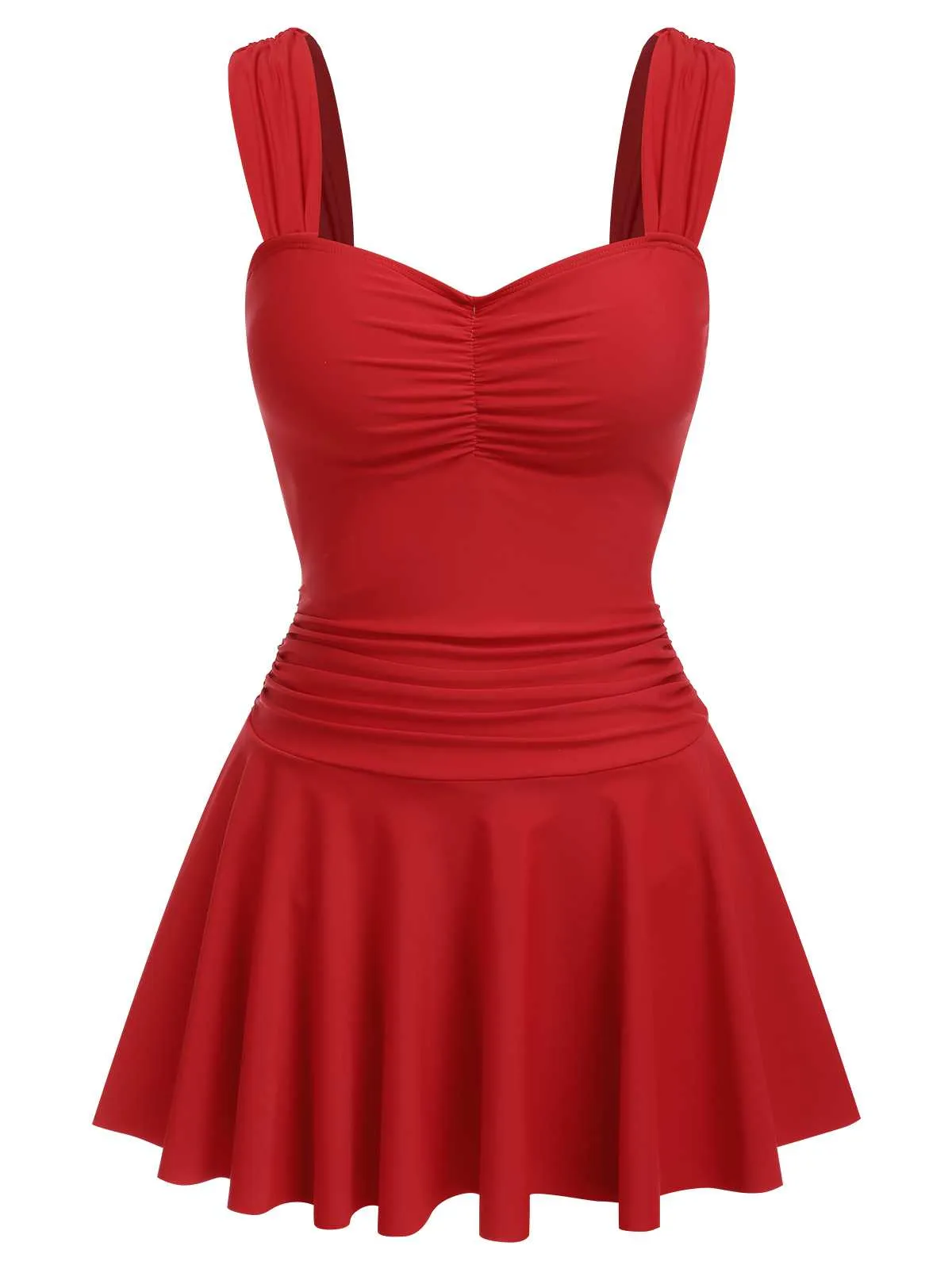 Red 1950s Pleated Solid One-Piece Swimsuit sold by Retro Stage product image thumbnail 2