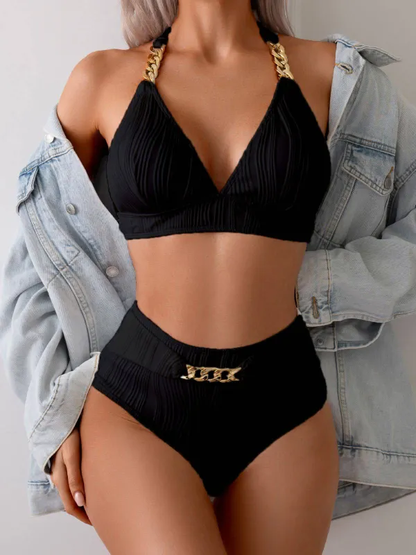 1950s Solid Chain Textured Fabric Halter Bikini Set sold by Retro Stage