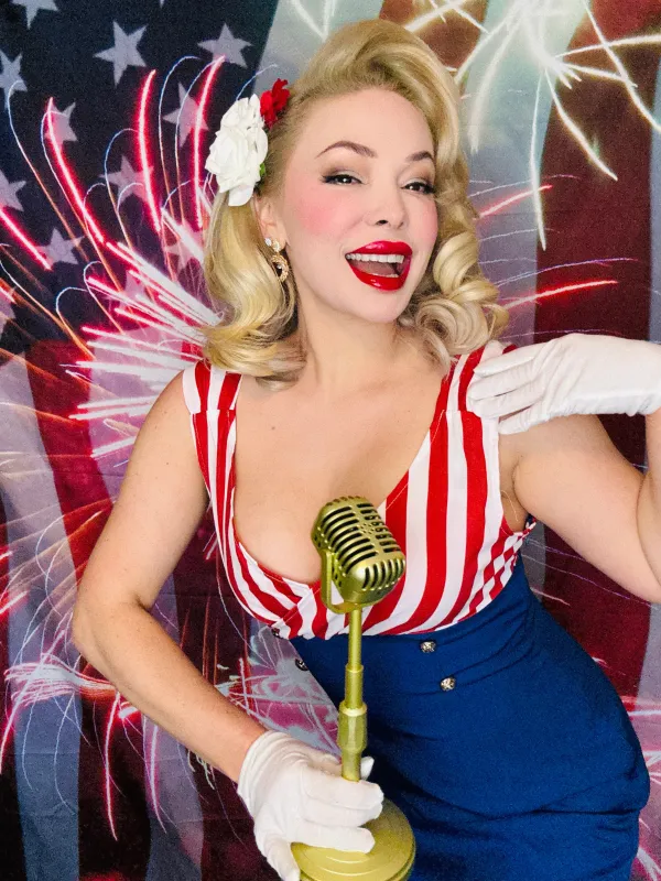 1960s V-Neck Red Blue Contrast Stripes Dress sold by Retro Stage