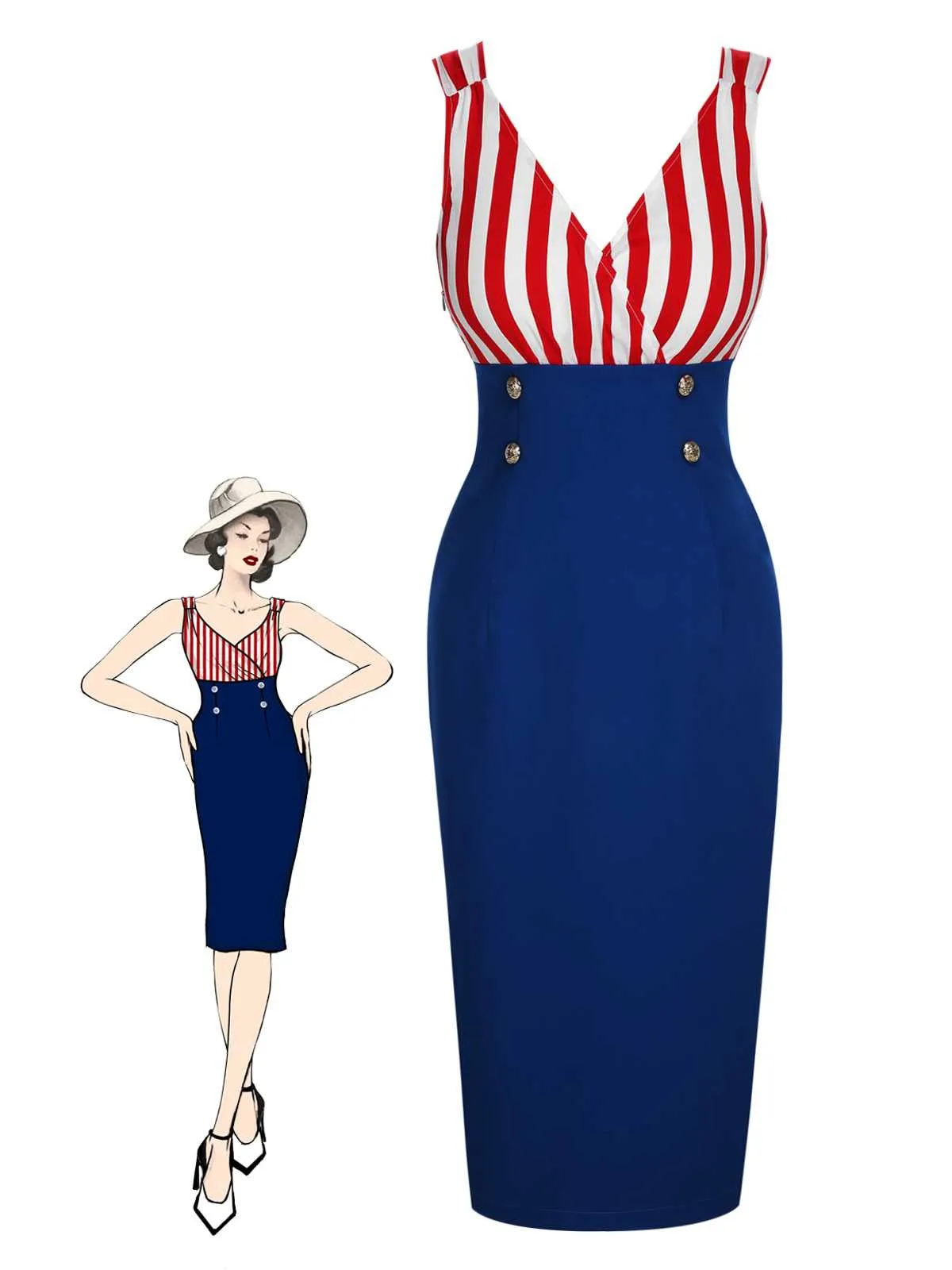 1960s V-Neck Red Blue Contrast Stripes Dress sold by Retro Stage product image thumbnail 2