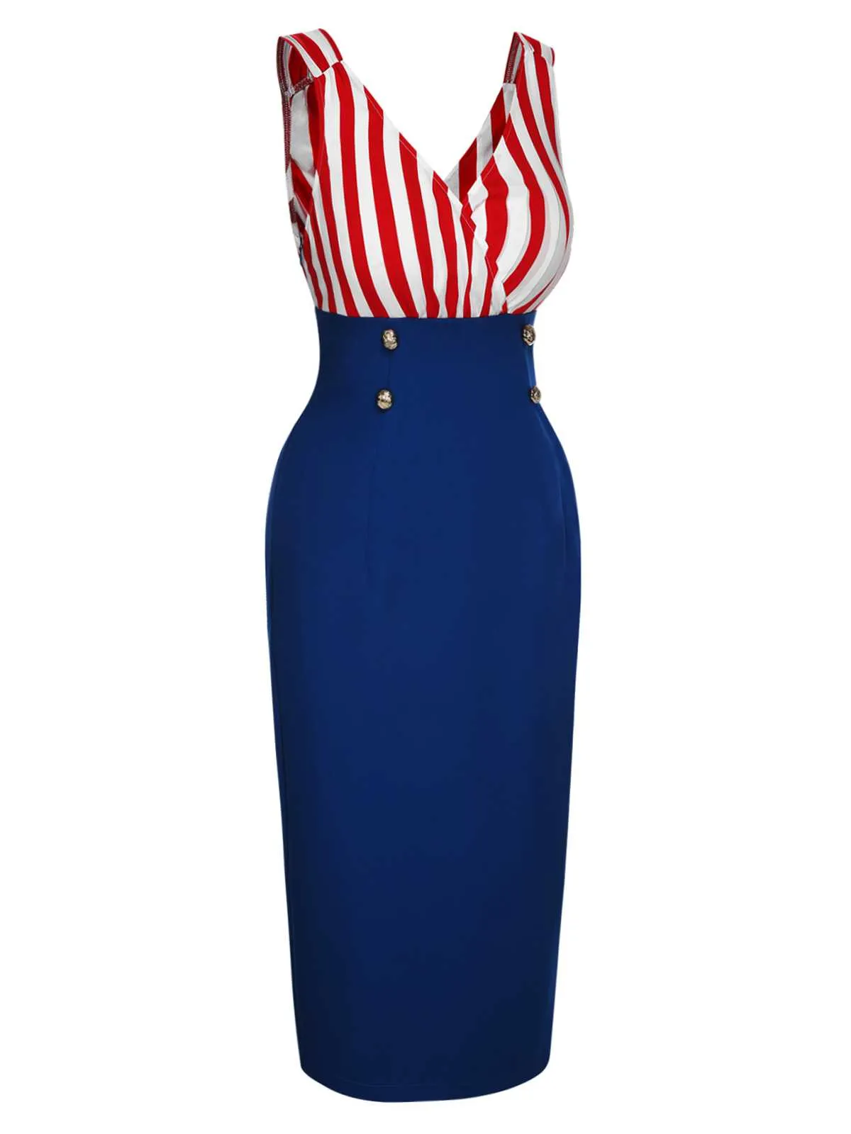 1960s V-Neck Red Blue Contrast Stripes Dress sold by Retro Stage product image thumbnail 4