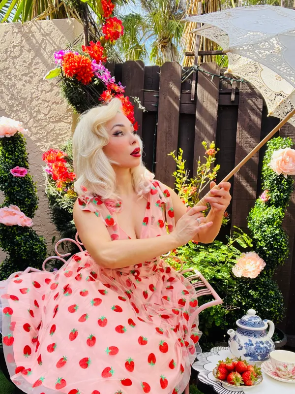 Pink 1950s Strawberry Mesh Swing Dress sold by Retro Stage