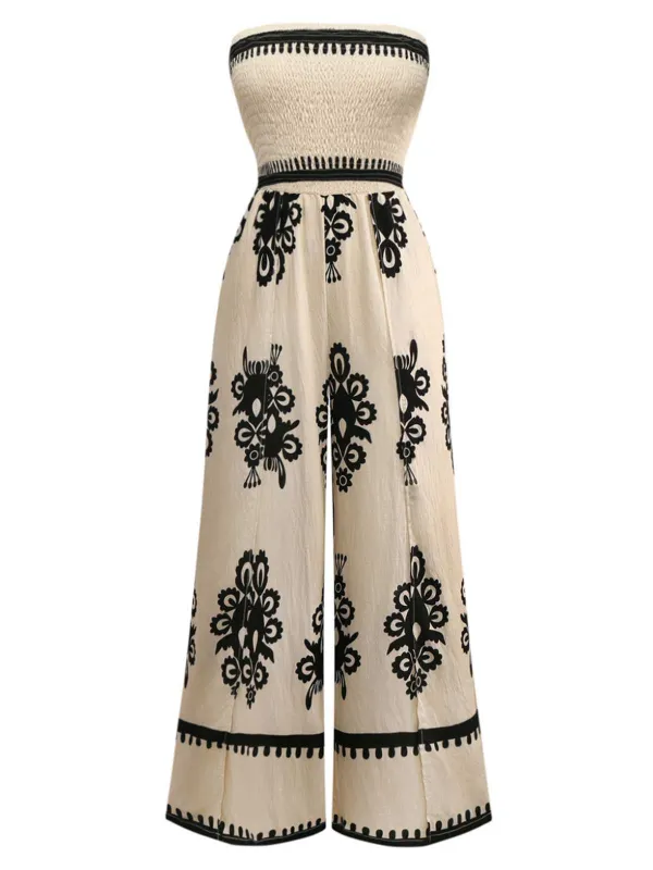 Apricot 1970s Boho Strapless Smocked Jumpsuit sold by Retro Stage