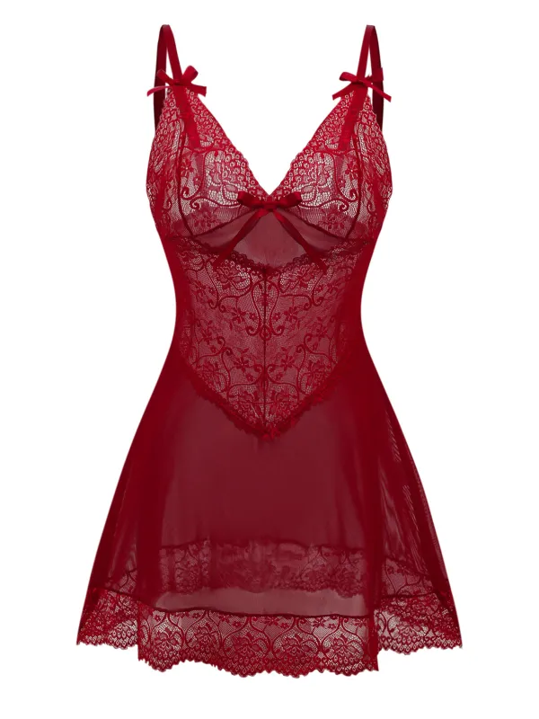 Wine Red 1950s Strap Lace Bow Nightgown sold by Retro Stage