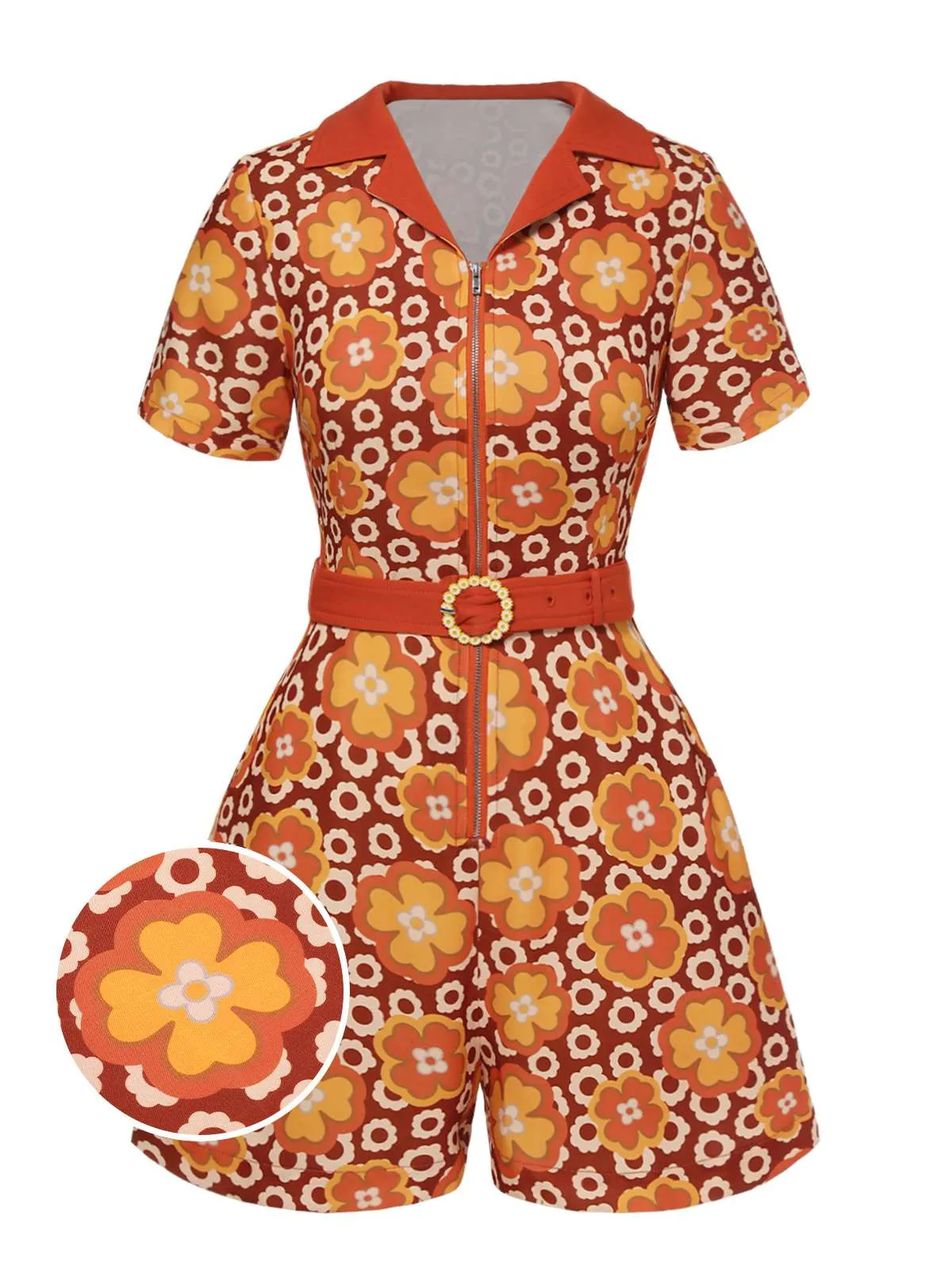 Orange 1960s Cartoon Floral Lapel Romper sold by Retro Stage