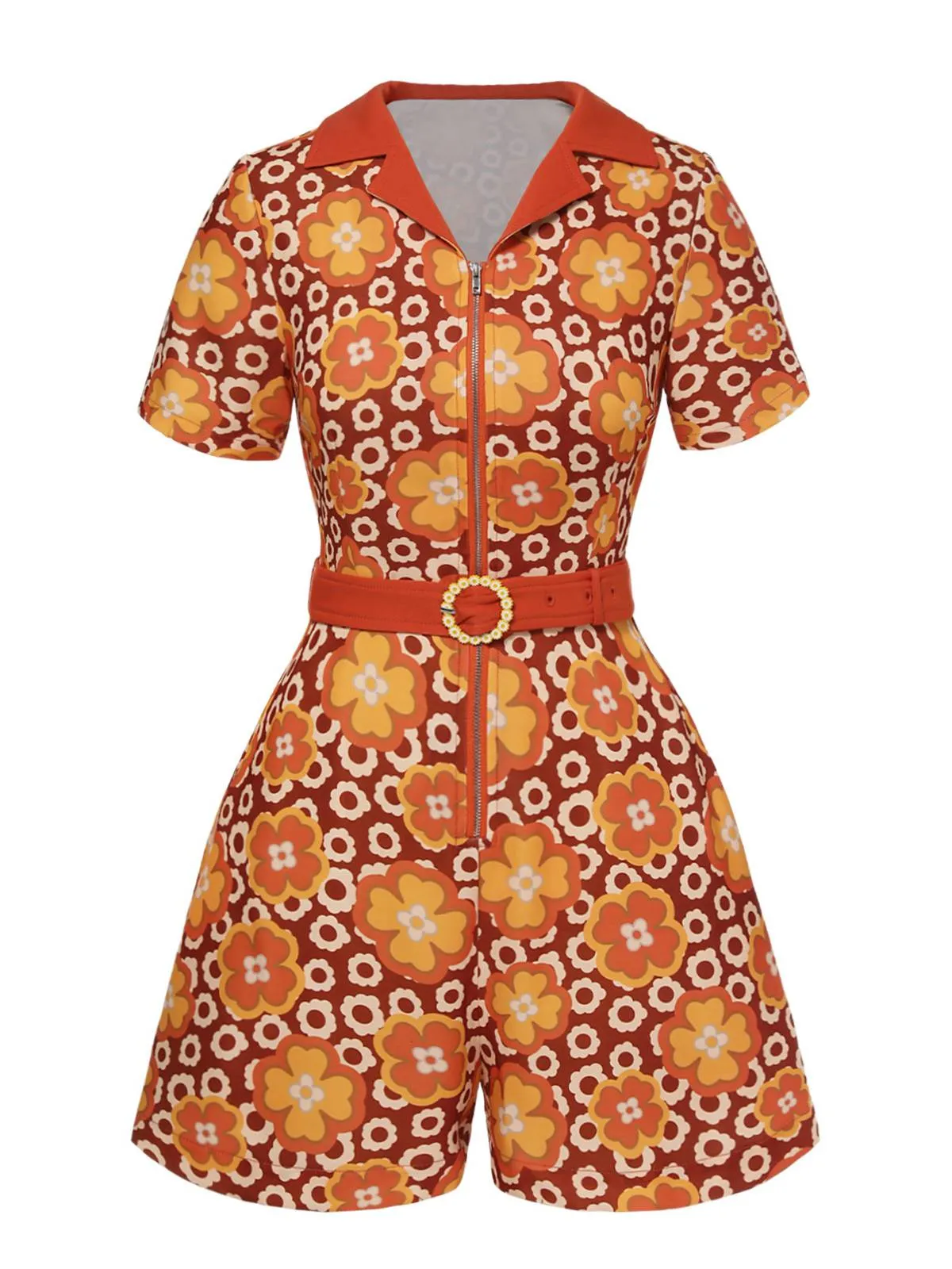 Orange 1960s Cartoon Floral Lapel Romper sold by Retro Stage product image thumbnail 2