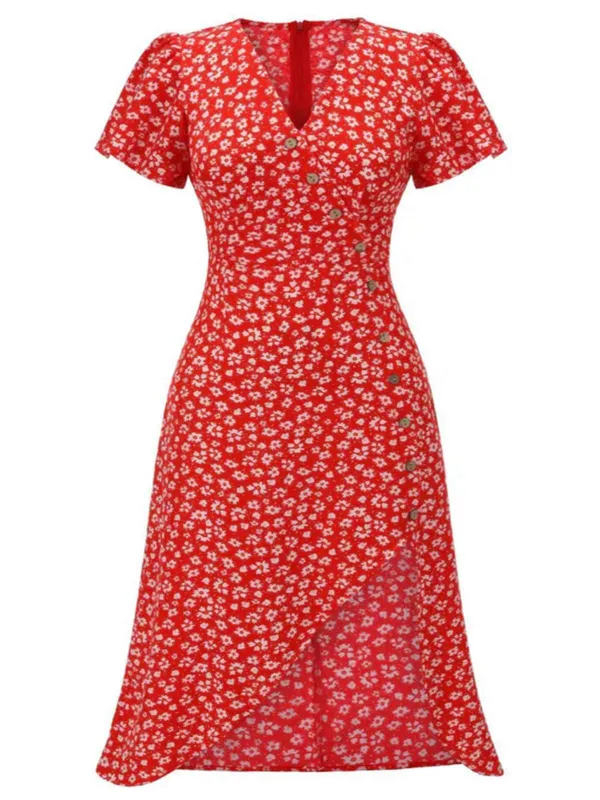 [Plus Size] Red 1940s Floral V-Neck Added Button Dress sold by Retro Stage
