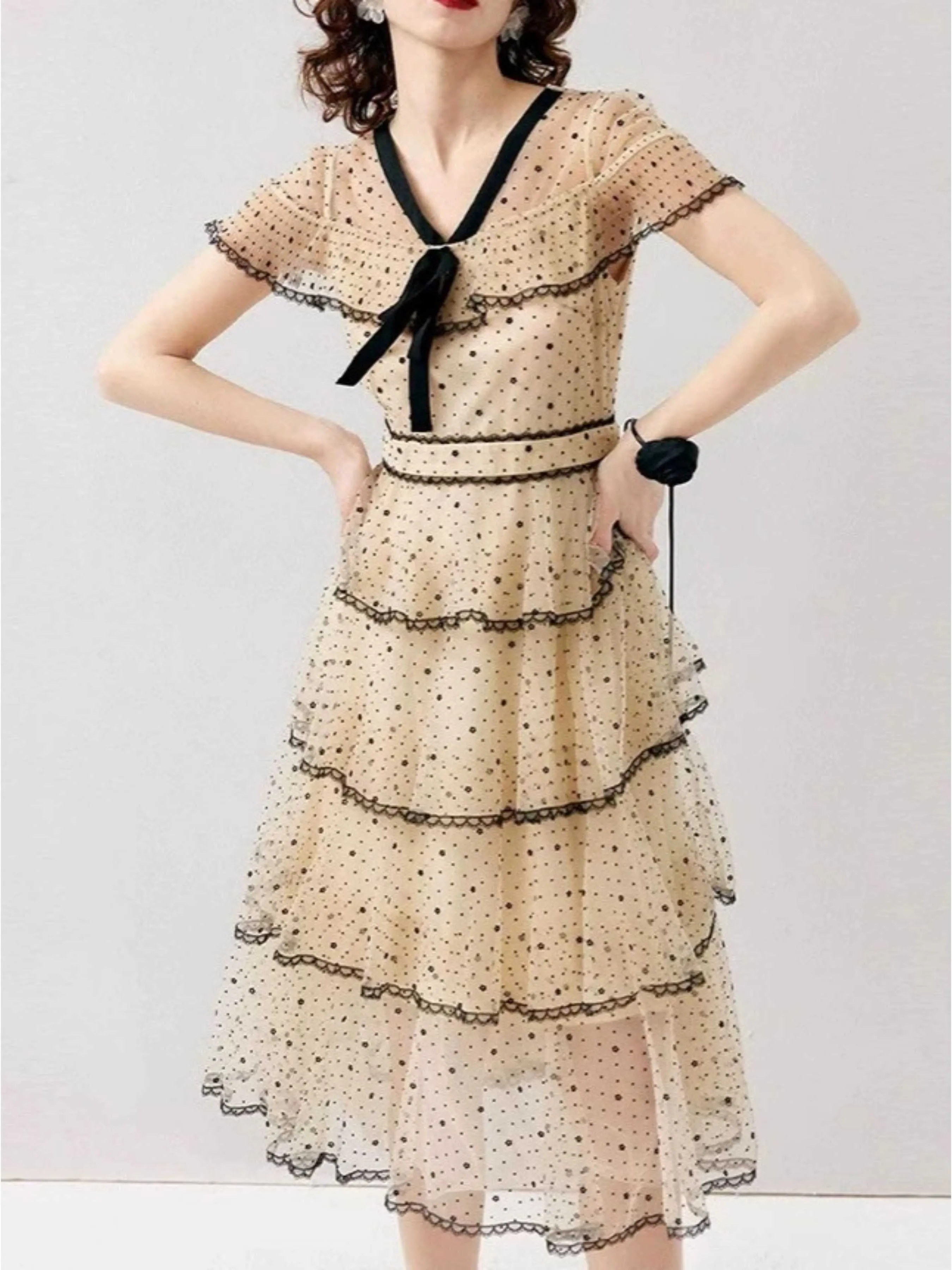 1950s Polka Dots Bow Mesh Tiered Dress sold by Retro Stage
