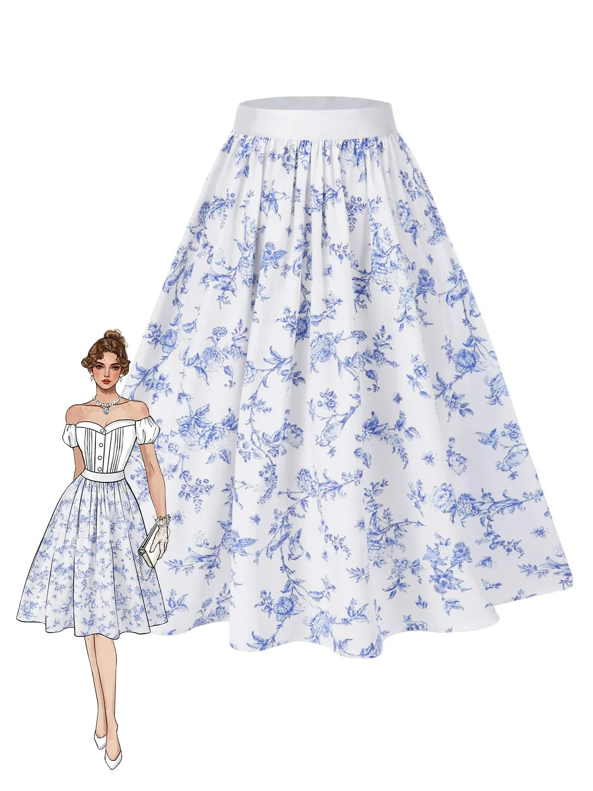 Blue 1950s Blue & White Porcelain Floral Skirt sold by Retro Stage