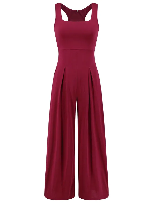 1950s Solid Square Neck Wide Strap Jumpsuit sold by Retro Stage