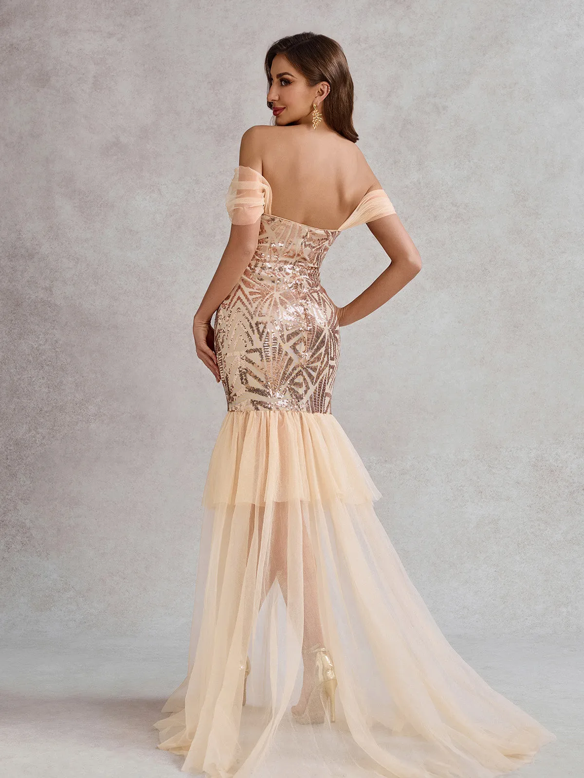 Champagne 1920s Off-Shoulder Sequined Mesh Dress sold by Retro Stage product image thumbnail 2