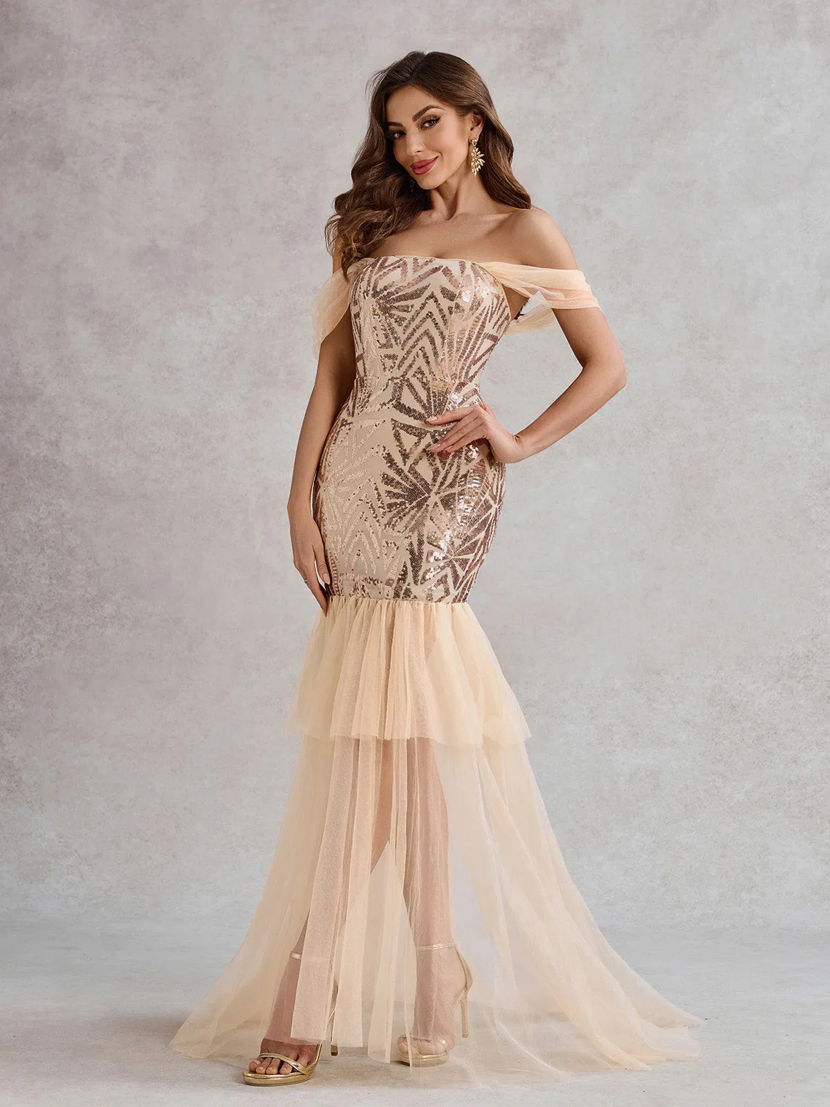 Champagne 1920s Off-Shoulder Sequined Mesh Dress sold by Retro Stage product image thumbnail 3