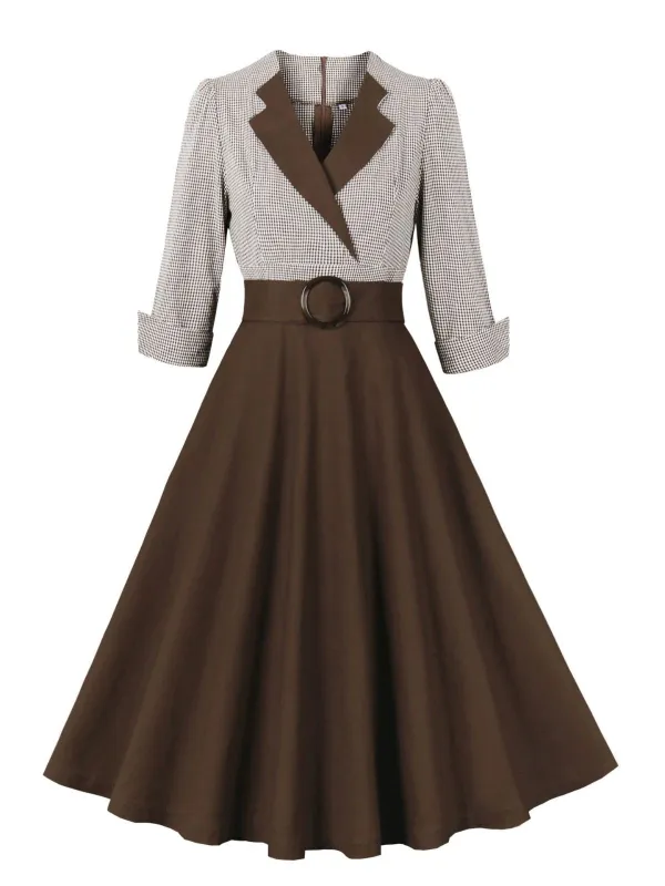 1950s Notched Collar Colorblock Gingham Plaid Dress sold by Retro Stage