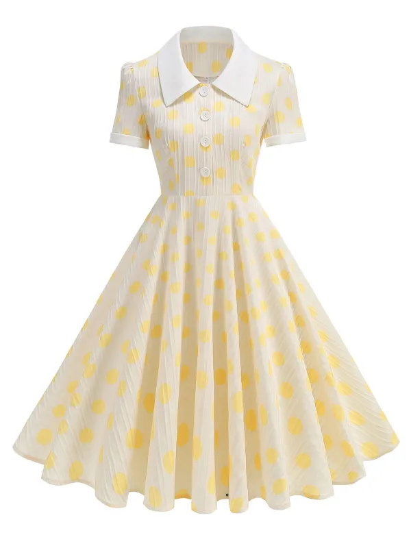 Beige 1950s Polka Dots Lapel Buttons Dress sold by Retro Stage