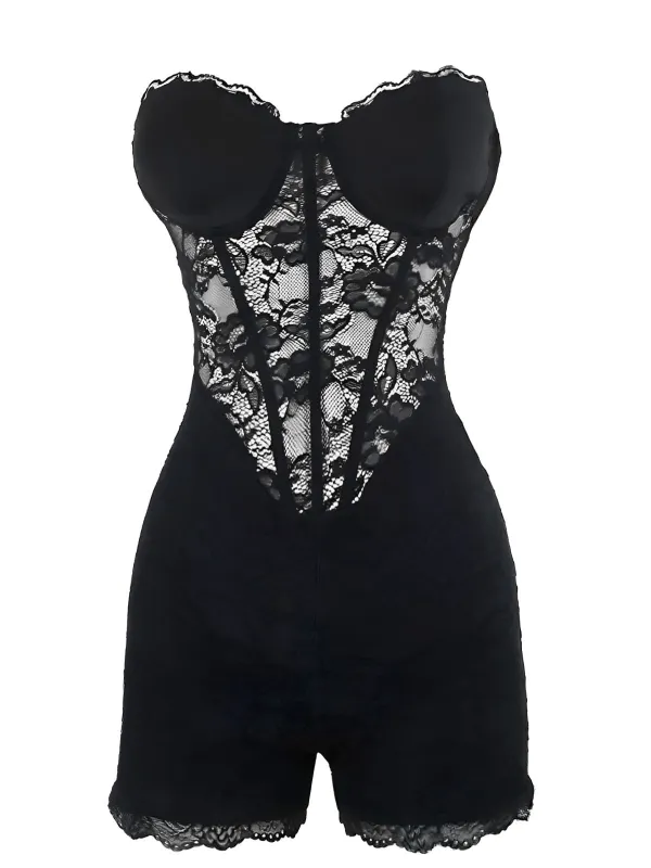 Black 1960s Floral Lace Bandeau Romper sold by Retro Stage