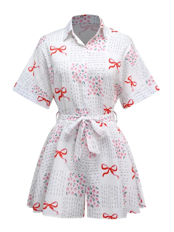 Pink 1950s Bow & Floral Belted Lapel Romper sold by Retro Stage