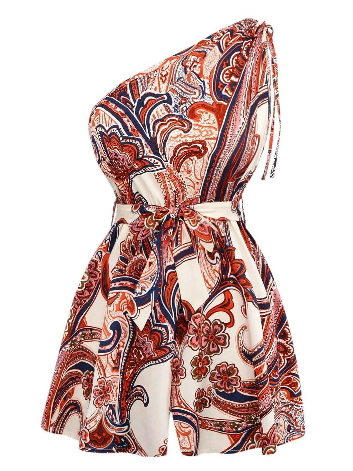 Brick Red 1970s One-Shoulder Bohemian Floral Romper sold by Retro Stage