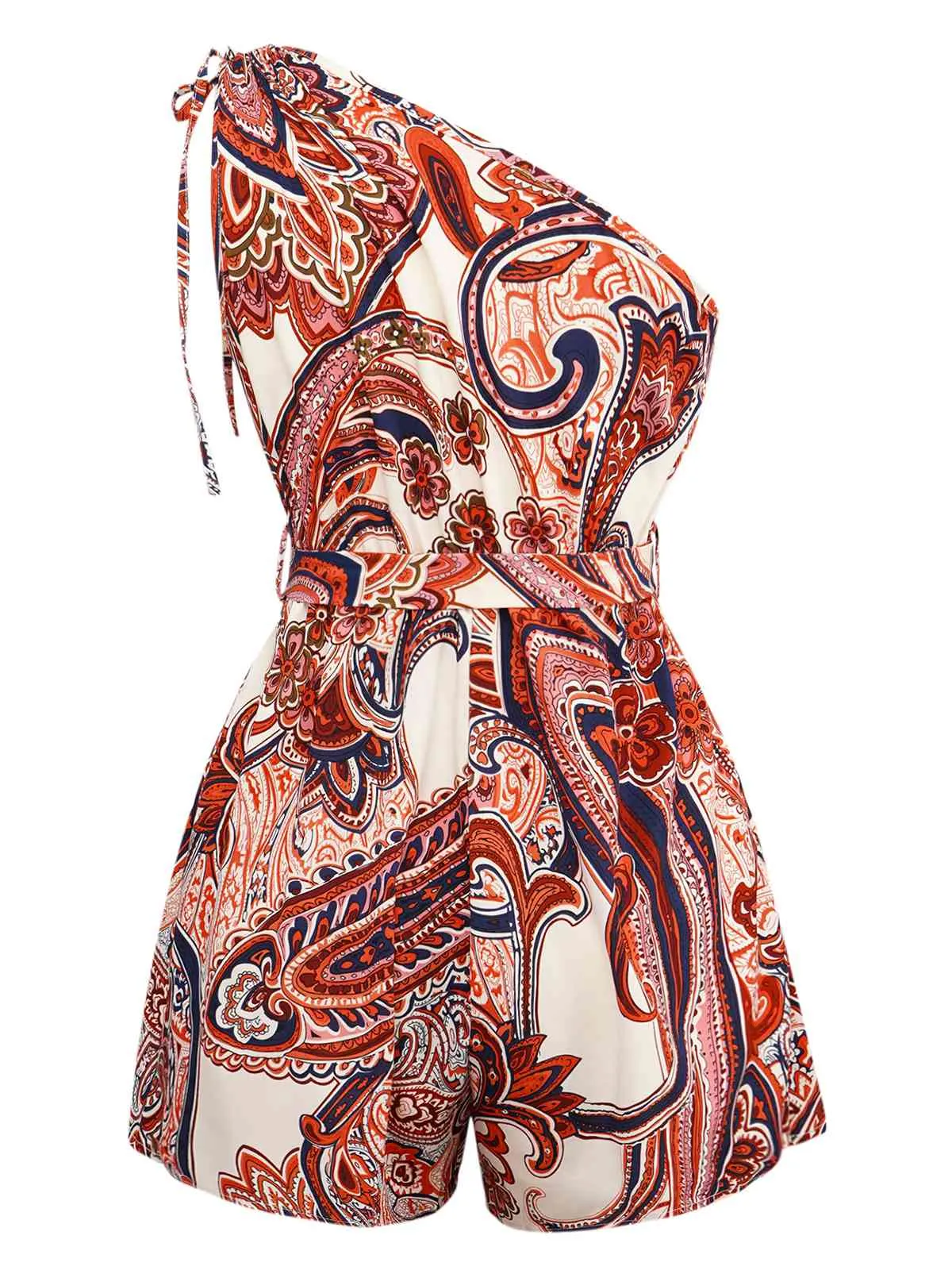 Brick Red 1970s One-Shoulder Bohemian Floral Romper sold by Retro Stage product image thumbnail 2