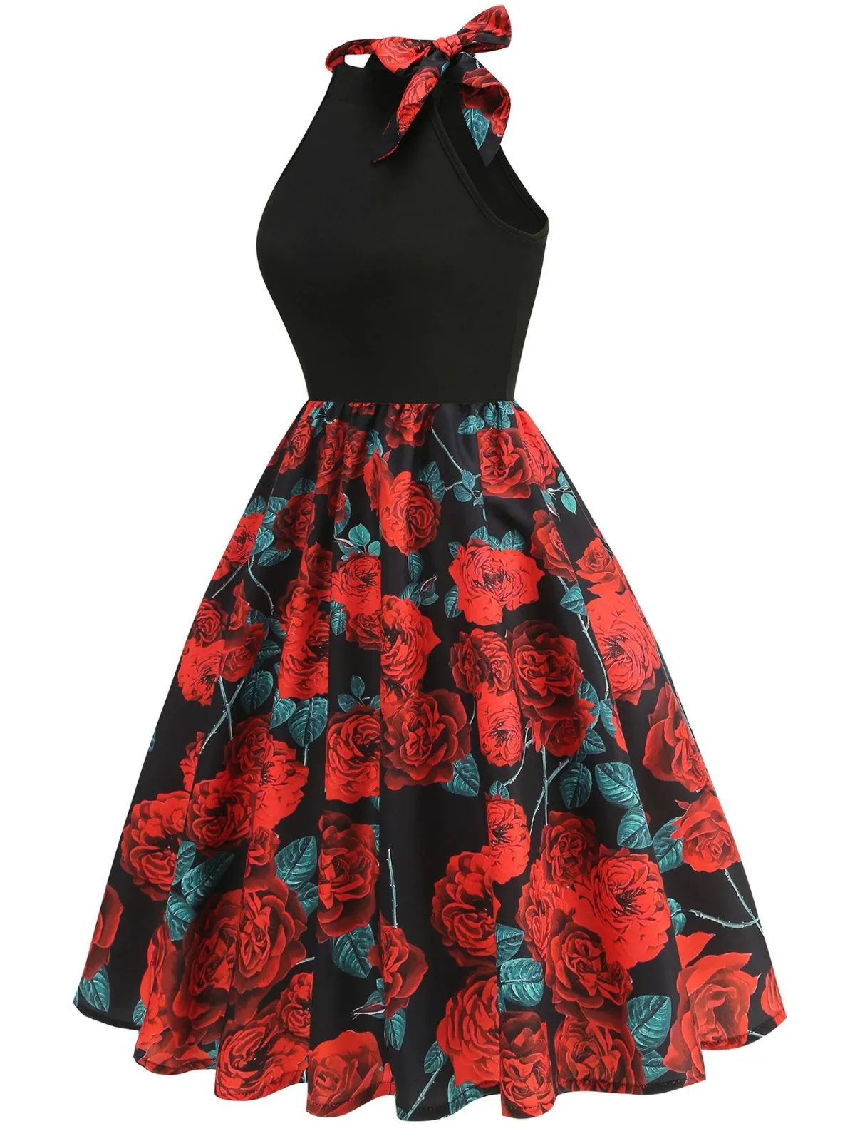 Red 1950s Rose Sleeveless Patchwork Dress sold by Retro Stage product image thumbnail 2